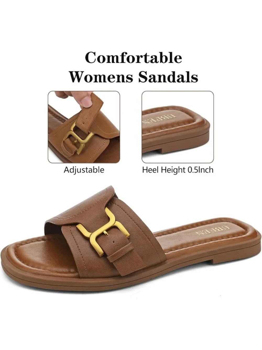Women's Brown Square Toe Flat Sandals Slides Dressy Comfortable for Beach
